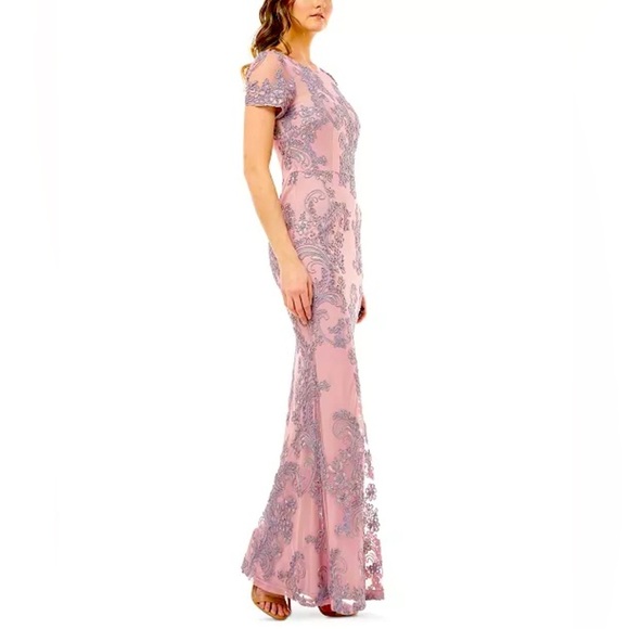 JS Collections Pink and Silver Embroidered Floral Lace Short Sleeve A-line Gown - Picture 2 of 12